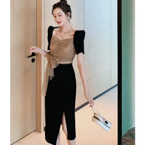 New arrival fashion party dress women elegant summer mesh puff sleeve dot black temperament office lady slim split pencil dress