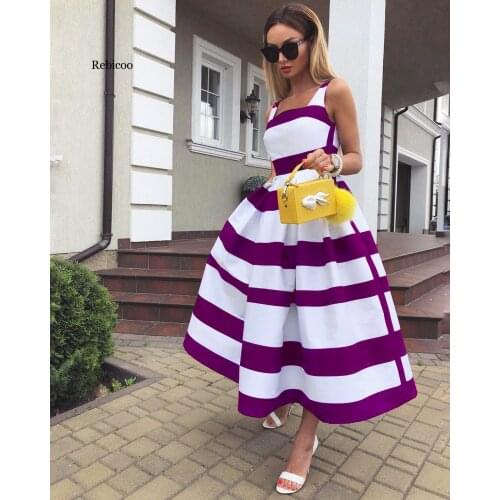 Black Blue Purple Red Stripe Tea-length Party Dress Sexy Spaghetti Strap Slim Waist Elegant Boho A-line long Dress Vestidos