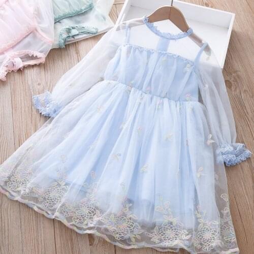 Girls Dress Spring Summmer Teenager Mesh Floral Dresses Kids Girl Princess Party Children Flower Embroidery Dress High Quality