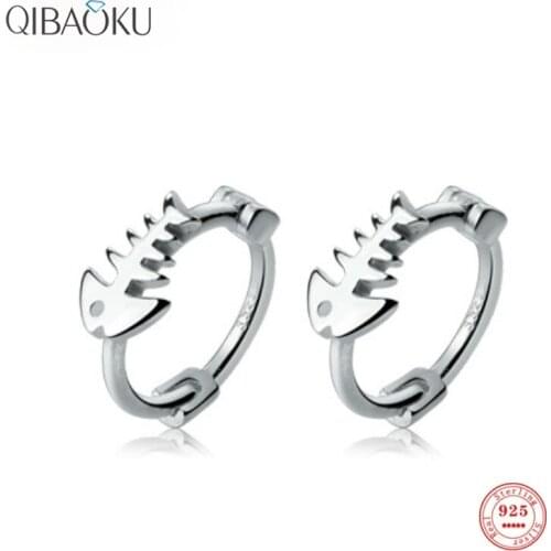 Sterling Silver 925 Hoop Earrings Fish Bone Small Ear Buckle Korean Version Simple Earrings for Women Personality Ear Jewelry