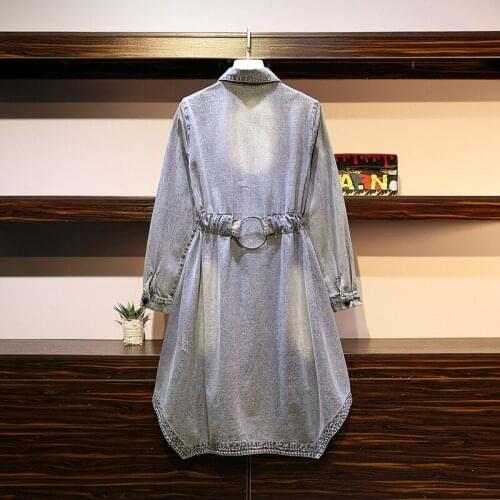 Plus Size Womens Irregular Hem Medium Length Denim Coats Autumn Fashion Ripped Long Sleeve Drawstring Waist Female Trench Coats