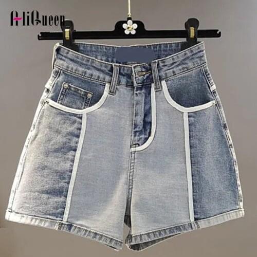 2021 Summer Street Style Women Stitching Color Edging Denim High Waist Short Pants Female Vintage Sexy Jean Mini Wide Leg Shorts