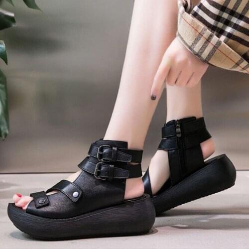 Fish Mouth vintage Soft PU Leather And Cowhide Summer Roman Shoes Women Sandals Platform Heighten Shoe Wedges Sandals