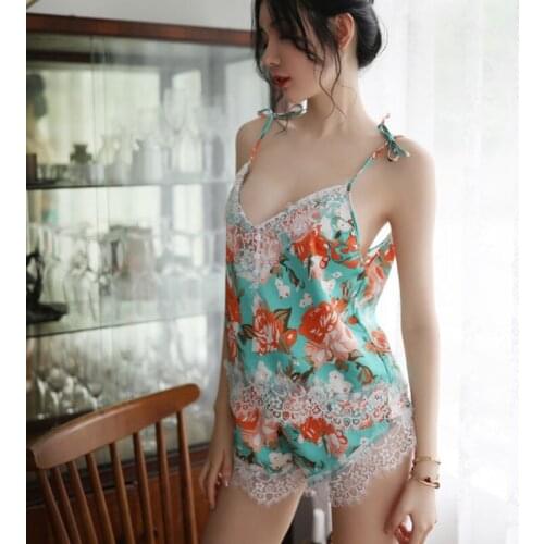 2021 New Pajama Set Blue Sexy Lingerie Floral Lace Bralette+Satin Shorts Sleepwear Spring Womens Suit Samisole Bra Set