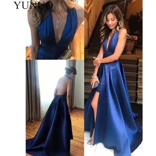 YuNuo Reflective Dress Satin backless Halter A Line Long Prom Dress 2019 Sleeveless Slit Floor Length Evening Dress
