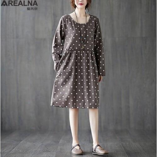 Vintage Cotton Linen Polka Dot woman dress Plus Size autumn long Sleeve dress Women Loose Long dresses for women vestidos