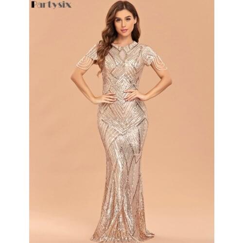 Partysix 2021 New Formal evening dress Sexy O Neck Short Sleeve Pattern Glitter Women Slim Maxi Elegant Dress