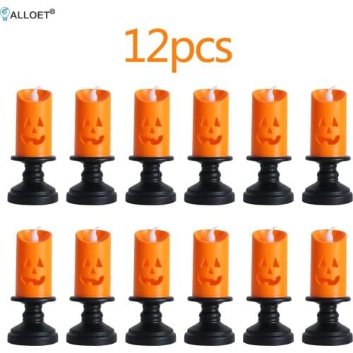 12pcs LED Pumpkin Candle Light Flameless Flickering Hollow Ghost Face Tea Candles Lamps for Halloween Indoor Home Decorations