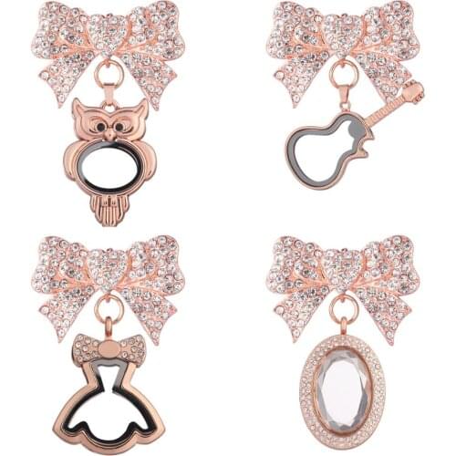 5pcs/lot Women Party Gift Jewelry Rose Golden Heart bownot Rhinestone Brooches Glass Living Memory Lockets Fit Floating Charms