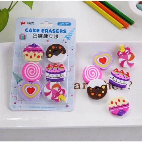 6 pcs Cake Donut Eraser Kawaii Pencil Eraser Cartoon Style Creative For Kids Funny Erasers Korean Stationery School Supplies
