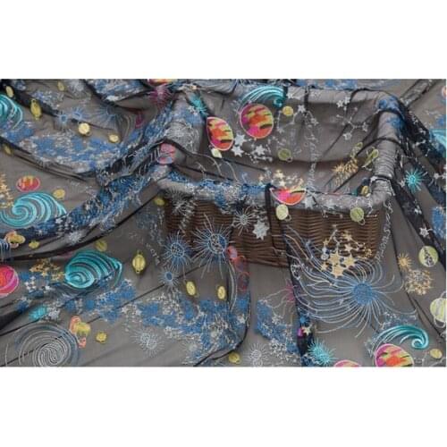 African lace fabric 1 yard black embroidered gauze fabric, multi color embroidered mesh lace fabric
