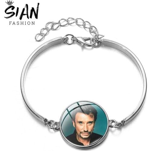 SIAN Johnny Hallyday Famous Rock Star Charm Bracelet Fans Souvenir Collected Glass Cabochon Silver Plated Chain Bracelets Unisex