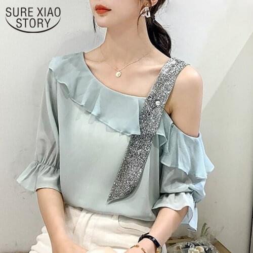 Korean Style Blusas Mujer Sky Blue Butterfly Sleeve Blouse Women Elegant Womens Clothing Chiffon Sequins Slash Collar 8853 50