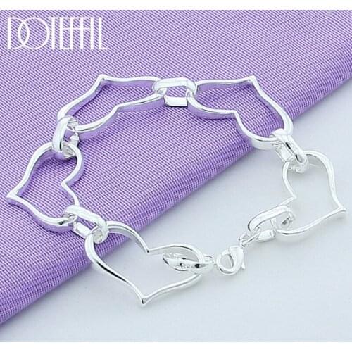 DOTEFFIL 925 Sterling Silver Heart-Shaped Bracelet Fit European Clasp 20cm Long Silver Charm Women Jewelry