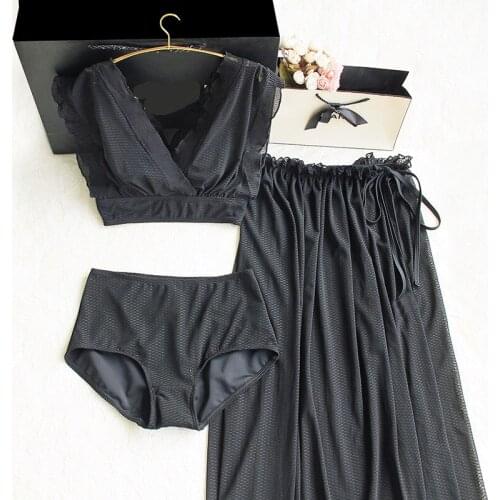 GLAUKE split black conservative holiday long skirt covering legs showing thin chest gather Sanya seaside hot spring swimsuit