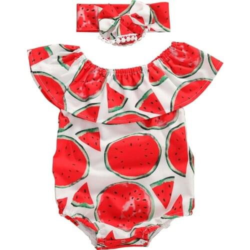 Infant Newborn Baby Girl Playsuits Off-Shoulder Bodysuit Watermelon Jumpsuit Headband Summer Clothes