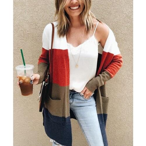 Fashion Women Color Block Knit Cardigan Open Front Loose Long Sleeve Sweaters Coats with Pocket Autumn Casual Streetwear