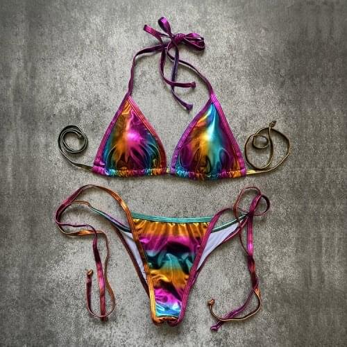 Summer Sexy Bikini 2020 Womens Bright Color Bronzing Micro Triangle Bikini Set Lace-up Womens Swimsuit Beach Swimsuit