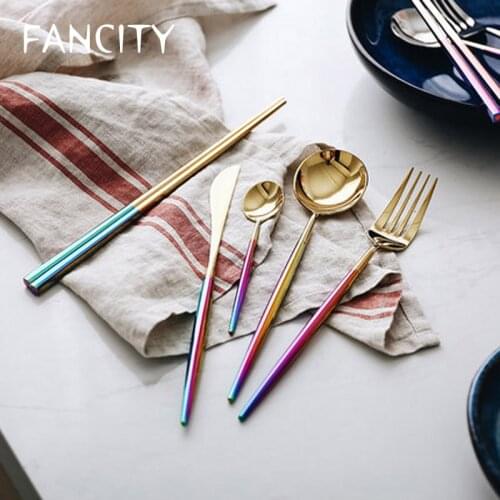 FANCITY European stainless steel household Western food knife, fork, spoon, chopsticks, dazzling color steak cutlery set