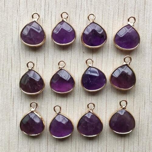 Wholesale 12pcs/lot natural amethysts stone section water drop shape gold color Connector pendants 13mm for jewelry making free