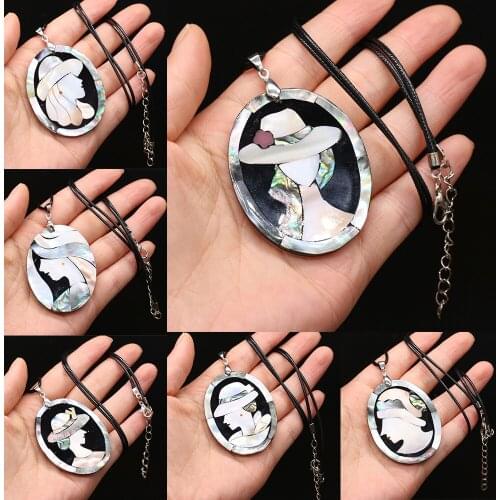 Exquisite Girl Pattern Shell Pendant Necklace Oval Natural Shell Pendant Necklace for Jewelry Gift Length 55+5cm Size 42x52mm