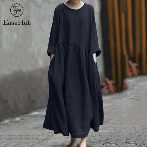 EaseHut Vintage Long Sleeve Dress Women Cotton Linen Maxi Dress O Neck Irregular Splicing Robe Loose Plus Size S-5XL Dress Femme