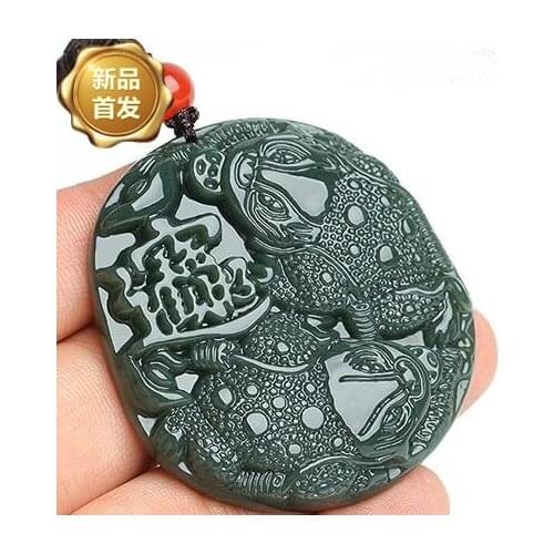 Natural hetian jade A black green jade pendant handcarved jin chan 3-legged toad jade pendant jadeite jade necklace jewelry