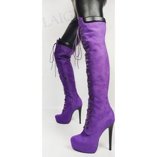 LAIGZEM Womens Over Knee Platform Boots High Heels Wide Calf Friendly Boots Faux Suede Shoes Botas Mujer Large Size 45 48 49 52