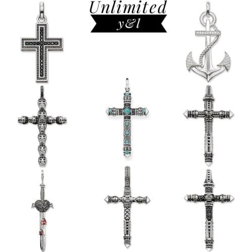 Blue Natural Stone Skull Cross Pendants Thomas Style 925 Sterling Silver Fashion Jewelry DIY Necklace Accessories for Women Men