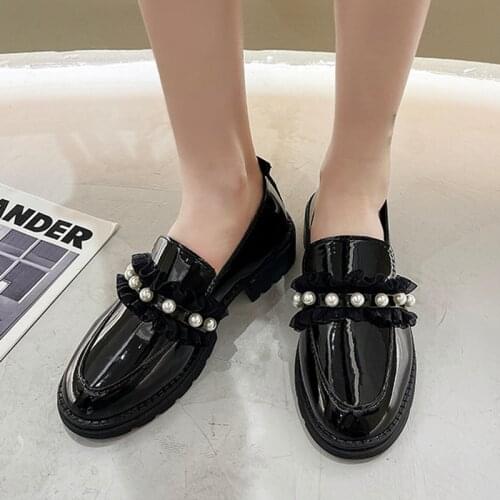 Women Oxford Shoes Pearls Loafers Patent Leather Slip on Shoes Low Heels Lace Boat Shoes Ruffels Comfortable Zapatos Mujer 9277N