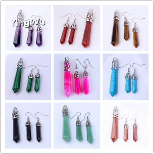Yingwu Malachite Quartz Gem Stone Hexagonal Pointed Reiki Chakra Beads Pendant Dangle Earrings Set Jewelry Wholesale 10 Sets