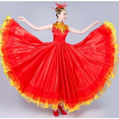 Women Red Spanish Big Swing Skirt Stage Chorus Wear Dance Performance Flamenco Skirt Costumes 360-720 Degree Lace Skirt DL4204
