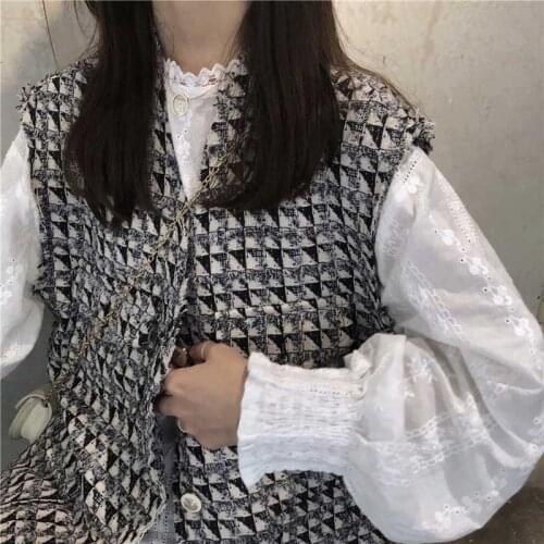 Autumn Set Women Tweed Grid Vest Jacket + Long Sleeve Soild V-Neck Shirt Female Fashion Elgant Suit Girl Tops Casual Streetwear