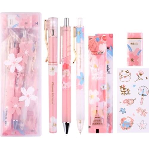 1 Set Cherry Blossoms Ice Gel Pen Eraser Sticker Black Ink 0.5mm Signature Pens