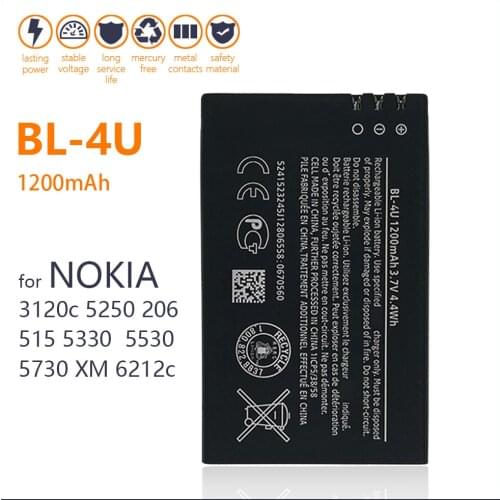 100% Genuine BL-4U Battery For Nokia 3120c 5250 206 515 5330 5530XM XpressMusic 5730 6212c 1200mAh Mobile Phone New Batteries