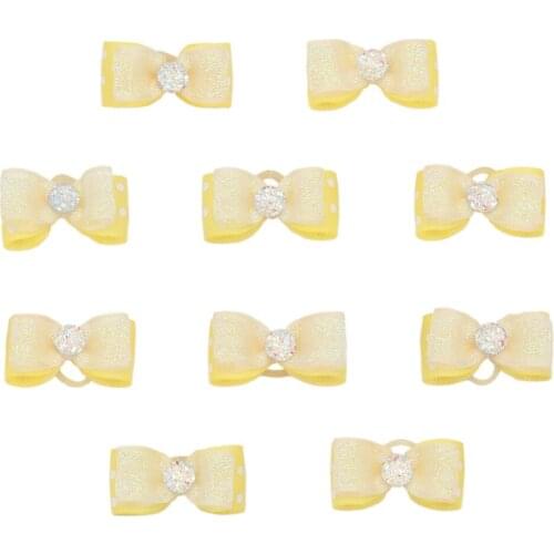10pcs/lot Small Dogs Hair Bows with Rubber Bands Yellow Polka Dots Bowknots for Pet Long Hair Dogs Puppies Dog Grooming Products