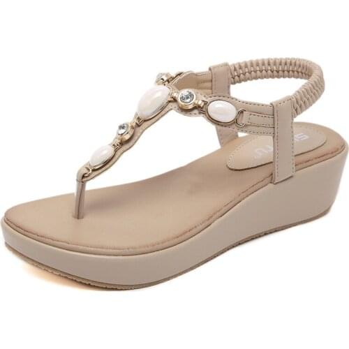 Bohemian Summer Shoes Sweet Womens Rhinestone Button type Wedge Flat Sandals High Quality Casual Flats Plus Size 35-42 Sandalias