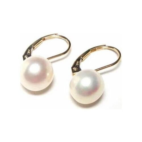 Brinco nobre com alavanca de pérola branca, frete grátis, 8-9mm, 14k, ouro amarelo