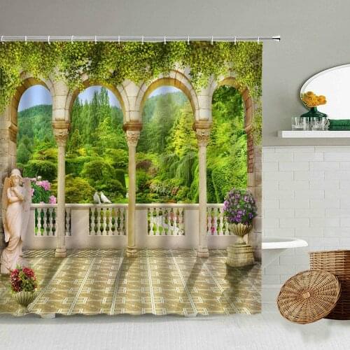 Greek Courtyard Scenery Shower Curtain Green Plants Flower Vine Garden Arched Stone Building Bathroom Decor With Hook Curtains