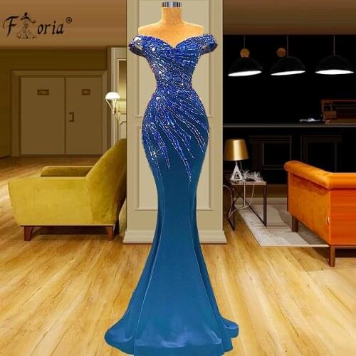 Elegant Blue Off Shoulder Sweetheart Prom Dress Beaded Mermaid Evening Formal Party Gowns robe de mariée