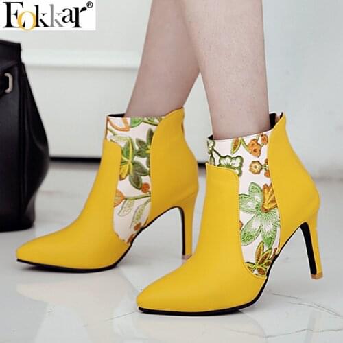 Eokkar 2020 Women Ankle Boots Elegant Winter Boots Thin High Heel Pointed Toe Elegant Women Shoes Ladies Boots Big Size 34-43