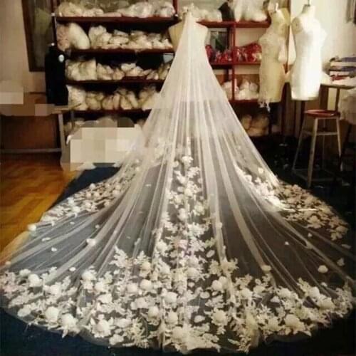 2021 Ivory/White Bridal Veils Long Flowers Tulle Lace Cathedral Veils Luxurious Wedding Accessories velo para novia 4 5 Meters