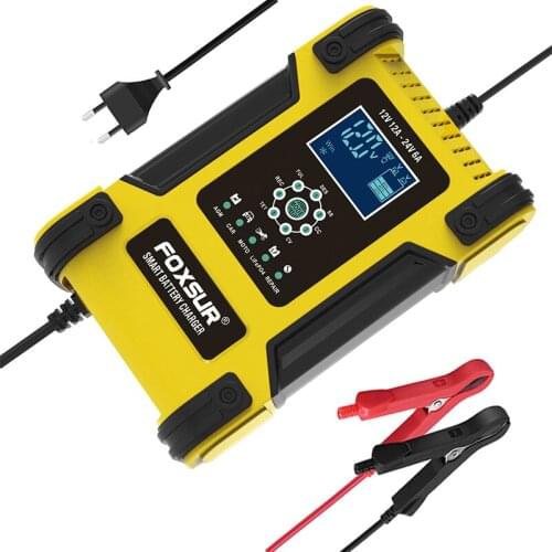 Foxsur 12V 12A Car Battery Charger 24V 6A Motorcycle Automatic Smart Pulse Repair Battery Charger for AGM GEL WET SLA Lead Acid