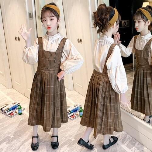 Girls Clothing Suits Blouse +Dress 2021 Plaid Spring Autumn Kids Teenagers Outwear Kids Cotton Tracksuit Sport Suits