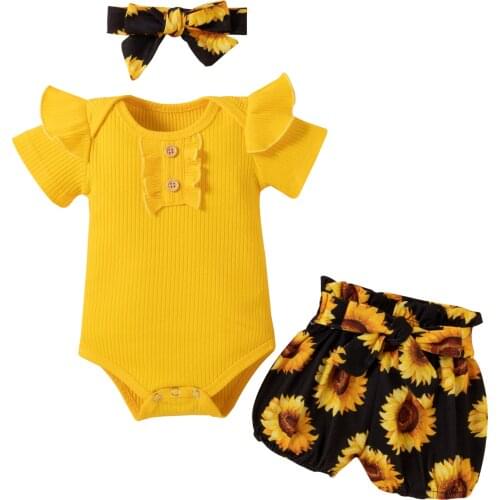 Infant Baby Girls Ribbed Clothes Set Solid Color Short Sleeve Romper Sunflower Print Shorts Bow-knot Headband