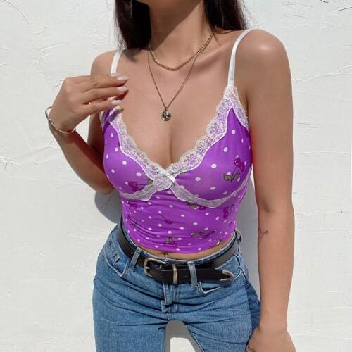 YiYiMiYu Lace Patchwork Ribbed Y2K Top Women Summer Sexy Backless V-neck Short Camisole Casual Spaghetti Strap Solid Camis