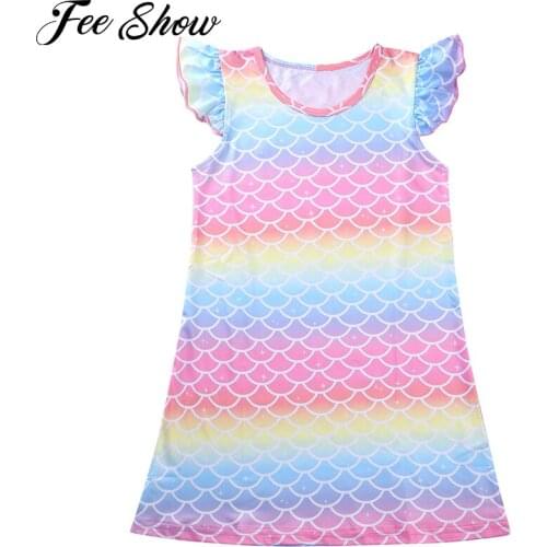 Fashion Baby Girls Clothes Cartoon Mermaid Rainbow Printed Nightdress Ruffle Sleeve Princess Dress Kids Girls Pajamas Nightgowns