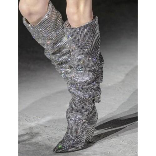 Mstacchi New Luxury Crystal Shoes Woman Pointed Toe Knee High Boots Sexy Rhinestone Chunky Spike Heel Boots Ladies Botas Mujer