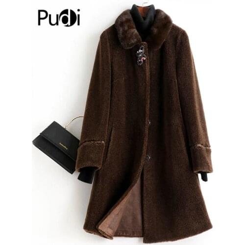 Pudi Women Real Wool Fur Coat Jacket Trench Winter Warm Female Sheep Shearing Over Size Parkar Mink Fur Collar Coats A50020