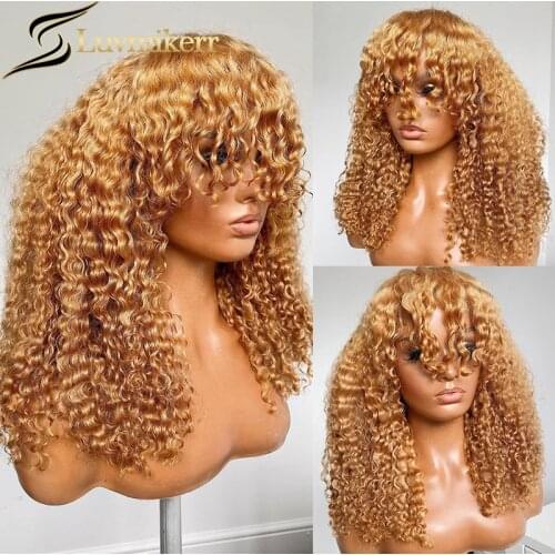 Kinky Curly Honey Blonde Short Bob Full Machine Made Wig With Bangs Glueless Brazilian Remy Human Hair Wigs For Black Women 180